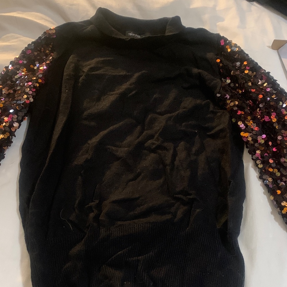 Theory Black Sweater with Multicolor Sequin Sleeves